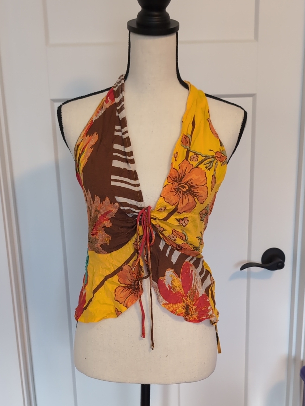 Free People Yellow and Brown Floral Halter Tie-Front Camisole